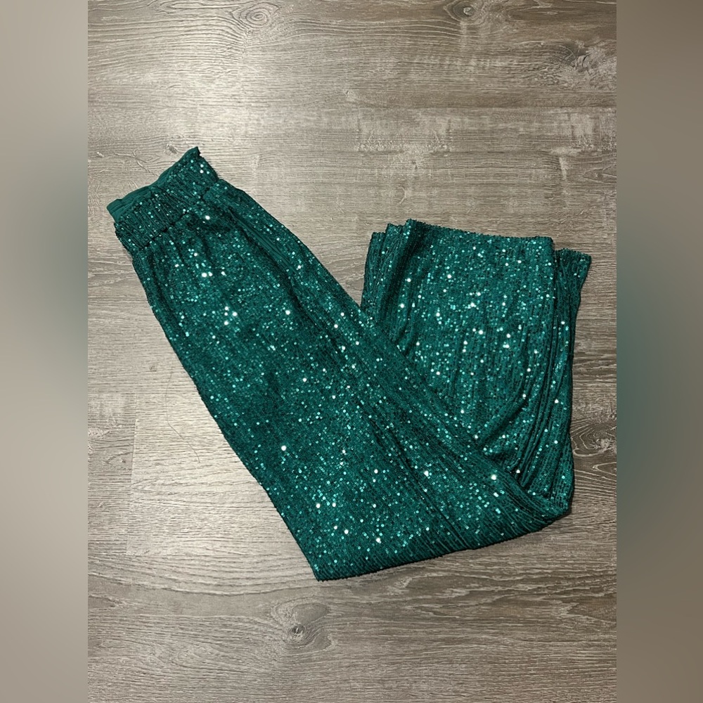 Lulu's Emerald Green Sequin Wide Leg Jumpsuit Pants - Picture 3 of 7